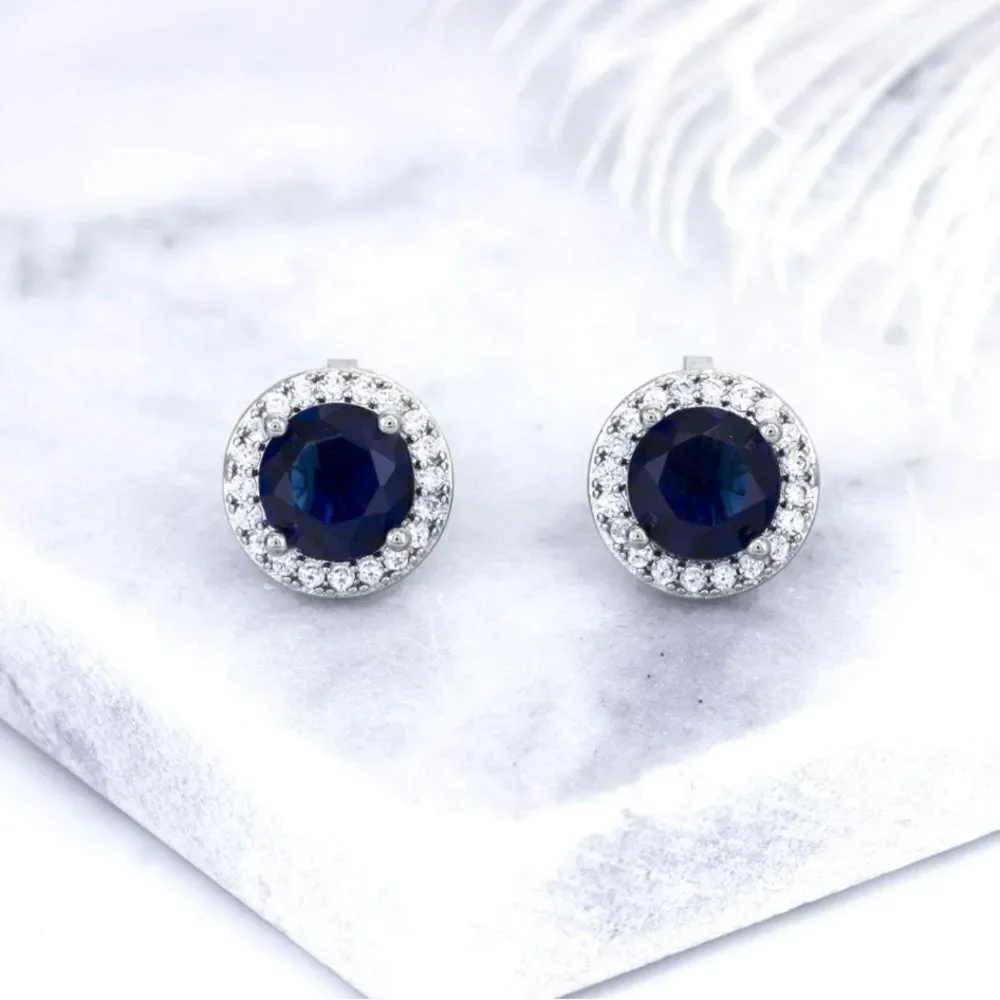 Silver with Blue Sapphire and White Diamond Cubic Zirconia Stud Clip On Earrings